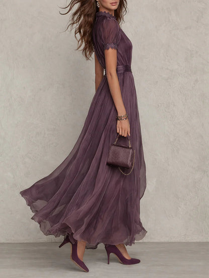 Elegant Chiffon Maxi Dress for Women with High Neck Puff Sleeve Keyhole Flowing Wedding Guest Style