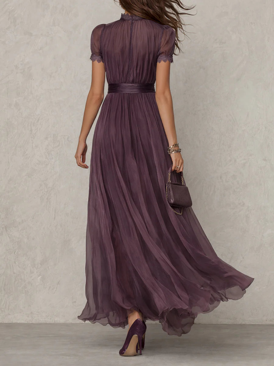 Elegant Chiffon Maxi Dress for Women with High Neck Puff Sleeve Keyhole Flowing Wedding Guest Style