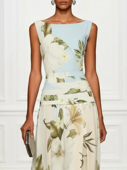 Elegant Blue Floral Maxi Dress for Women with Boat Neck Sleeveless Wrapped Waist Flowing Wedding Guest Style