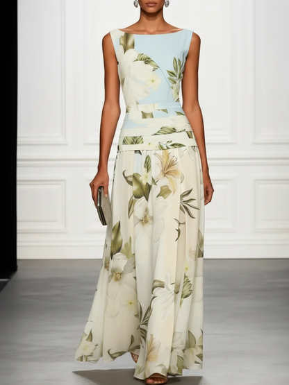 Elegant Blue Floral Maxi Dress for Women with Boat Neck Sleeveless Wrapped Waist Flowing Wedding Guest Style