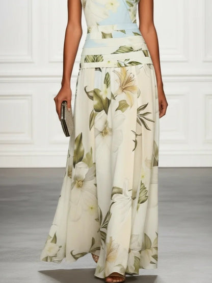 Elegant Blue Floral Maxi Dress for Women with Boat Neck Sleeveless Wrapped Waist Flowing Wedding Guest Style