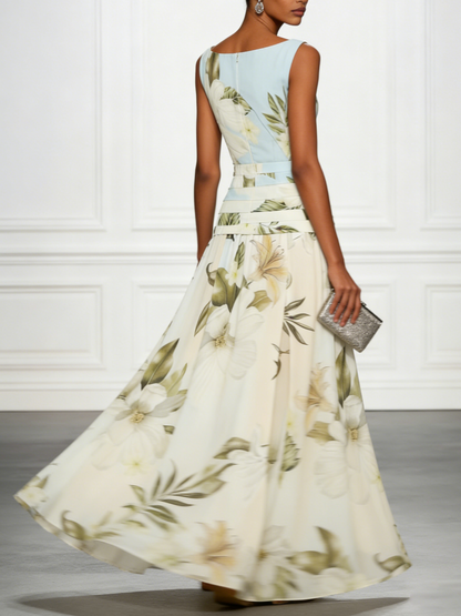 Elegant Blue Floral Maxi Dress for Women with Boat Neck Sleeveless Wrapped Waist Flowing Wedding Guest Style