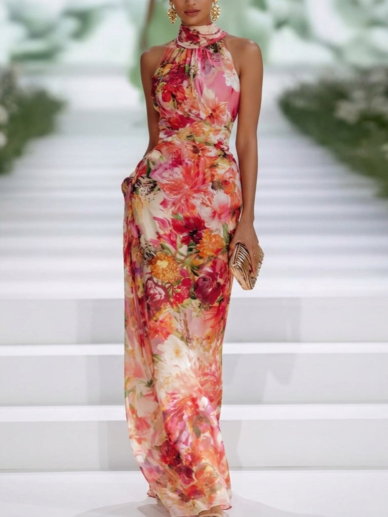 Elegant Red Floral Maxi Dress for Women with High Neck Halter Ruched Flowing Formal Wedding Guest Style