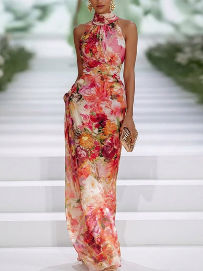 Elegant Red Floral Maxi Dress for Women with High Neck Halter Ruched Flowing Formal Wedding Guest Style