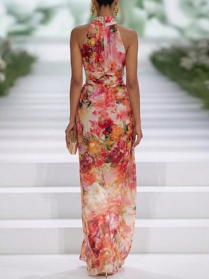 Elegant Red Floral Maxi Dress for Women with High Neck Halter Ruched Flowing Formal Wedding Guest Style