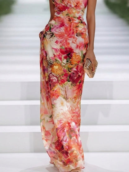 Elegant Red Floral Maxi Dress for Women with High Neck Halter Ruched Flowing Formal Wedding Guest Style
