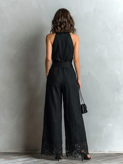 Effortless Black Jumpsuit for Women with High Neck Sleeveless Tie Waist Wide Leg Flowing Style