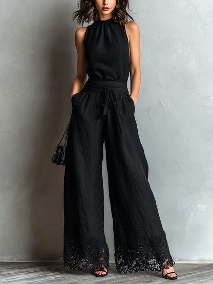 Effortless Black Jumpsuit for Women with High Neck Sleeveless Tie Waist Wide Leg Flowing Style