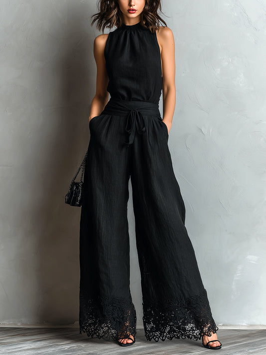 Effortless Black Jumpsuit for Women with High Neck Sleeveless Tie Waist Wide Leg Flowing Style
