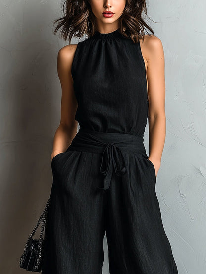 Effortless Black Jumpsuit for Women with High Neck Sleeveless Tie Waist Wide Leg Flowing Style