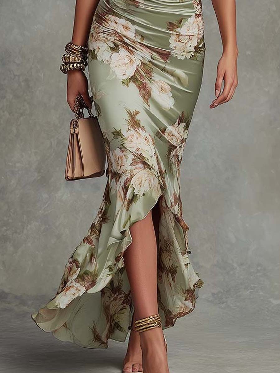 Elegant Floral Satin Maxi Dress for Women with V Neck Flutter Sleeve Ruched Mermaid Flowing Style