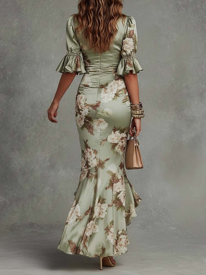 Elegant Floral Satin Maxi Dress for Women with V Neck Flutter Sleeve Ruched Mermaid Flowing Style