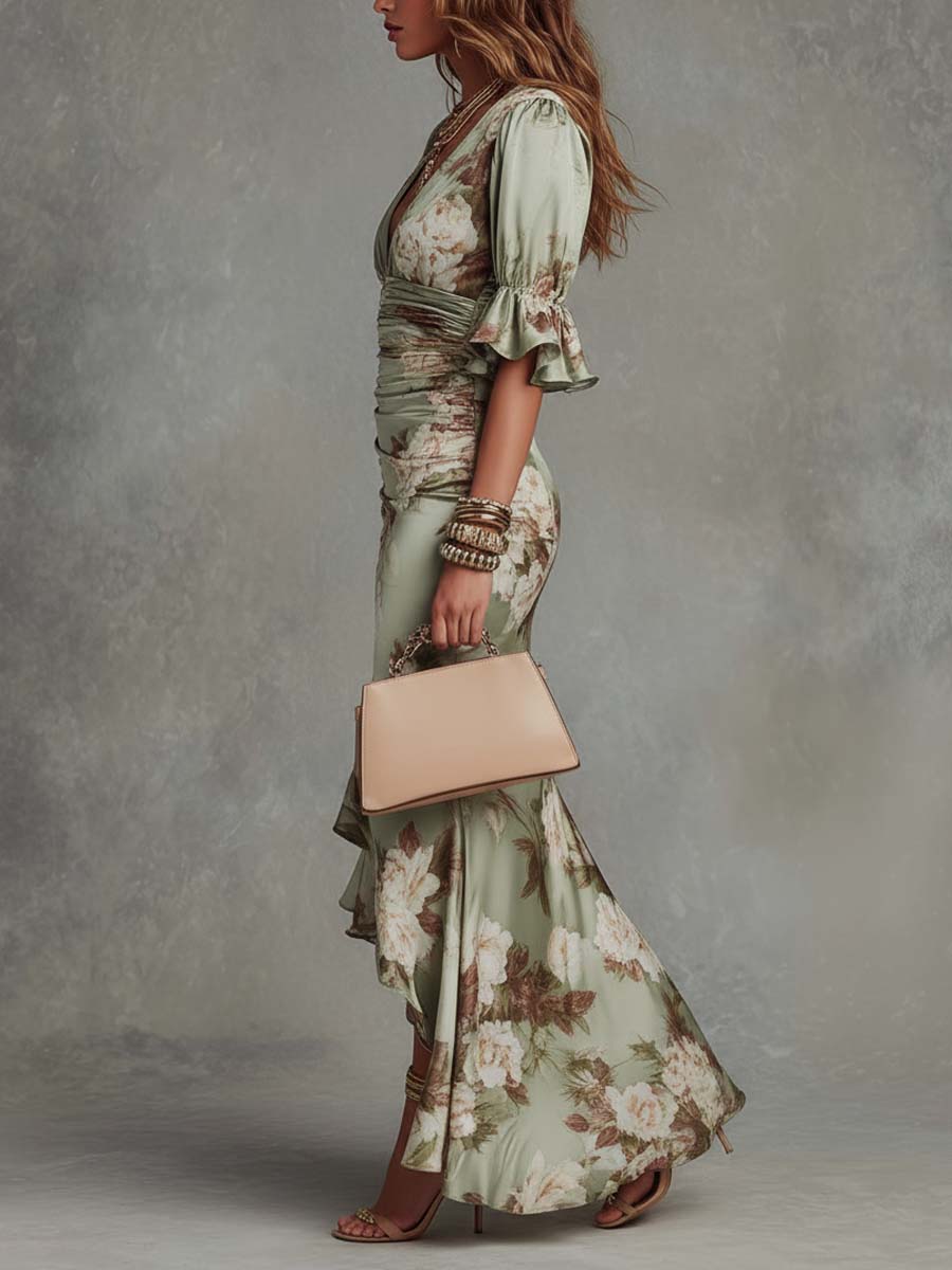 Elegant Floral Satin Maxi Dress for Women with V Neck Flutter Sleeve Ruched Mermaid Flowing Style