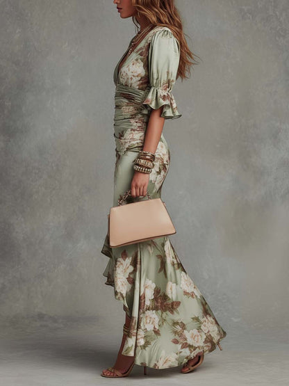 Elegant Floral Satin Maxi Dress for Women with V Neck Flutter Sleeve Ruched Mermaid Flowing Style