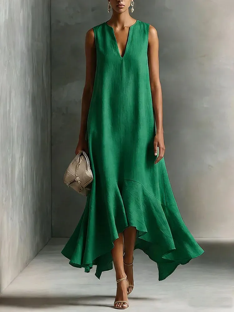 Effortless Satin Maxi Dress for Women with Deep V Neck Sleeveless High Low Flowing Formal Wedding Guest Style