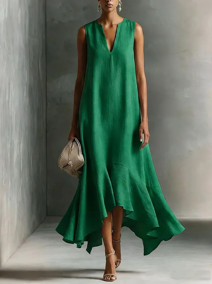 Effortless Satin Maxi Dress for Women with Deep V Neck Sleeveless High Low Flowing Formal Wedding Guest Style