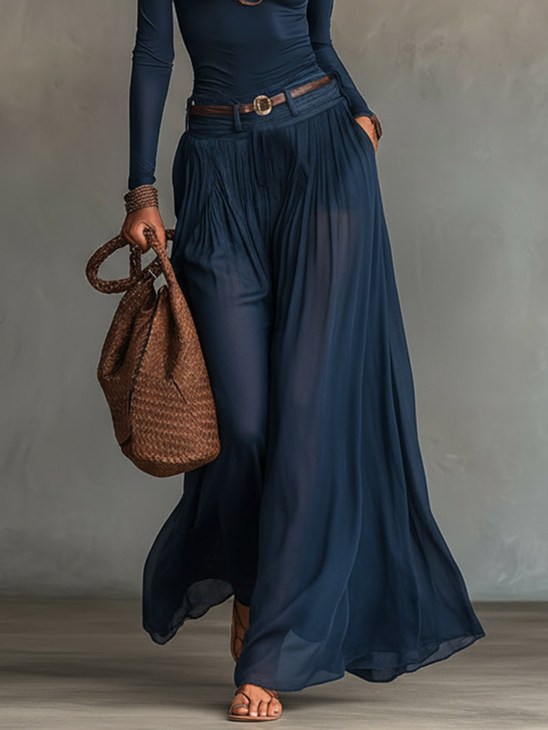 Elegant Navy Wide Leg Set for Women with Asymmetric Neck Long Sleeve Sheer Chiffon Two Piece Style
