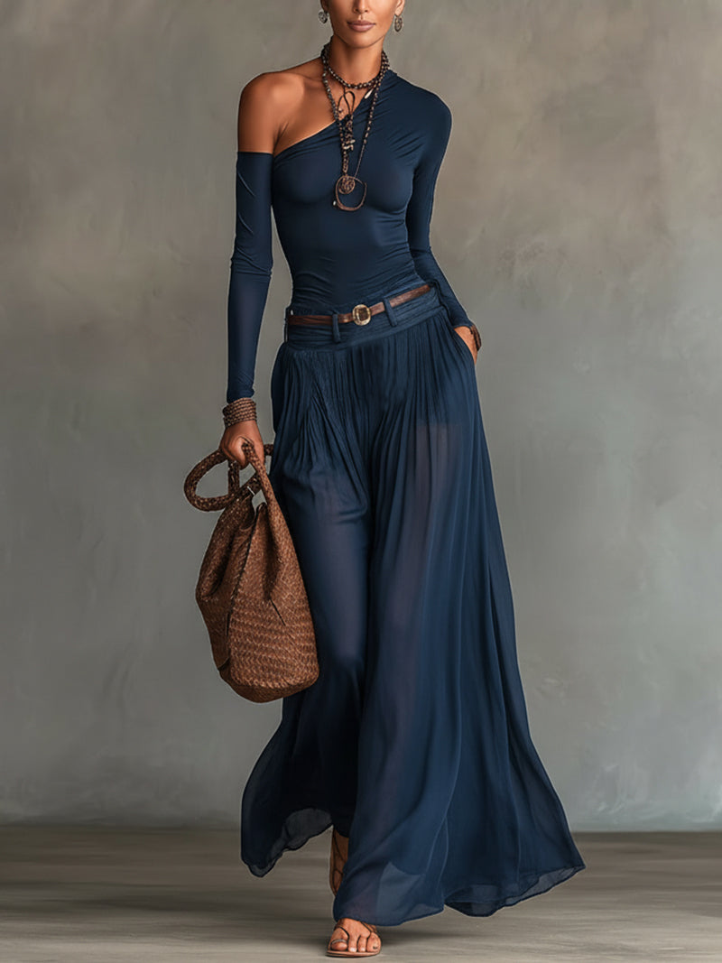Elegant Navy Wide Leg Set for Women with Asymmetric Neck Long Sleeve Sheer Chiffon Two Piece Style