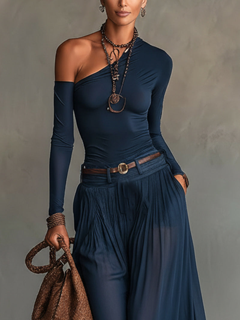 Elegant Navy Wide Leg Set for Women with Asymmetric Neck Long Sleeve Sheer Chiffon Two Piece Style