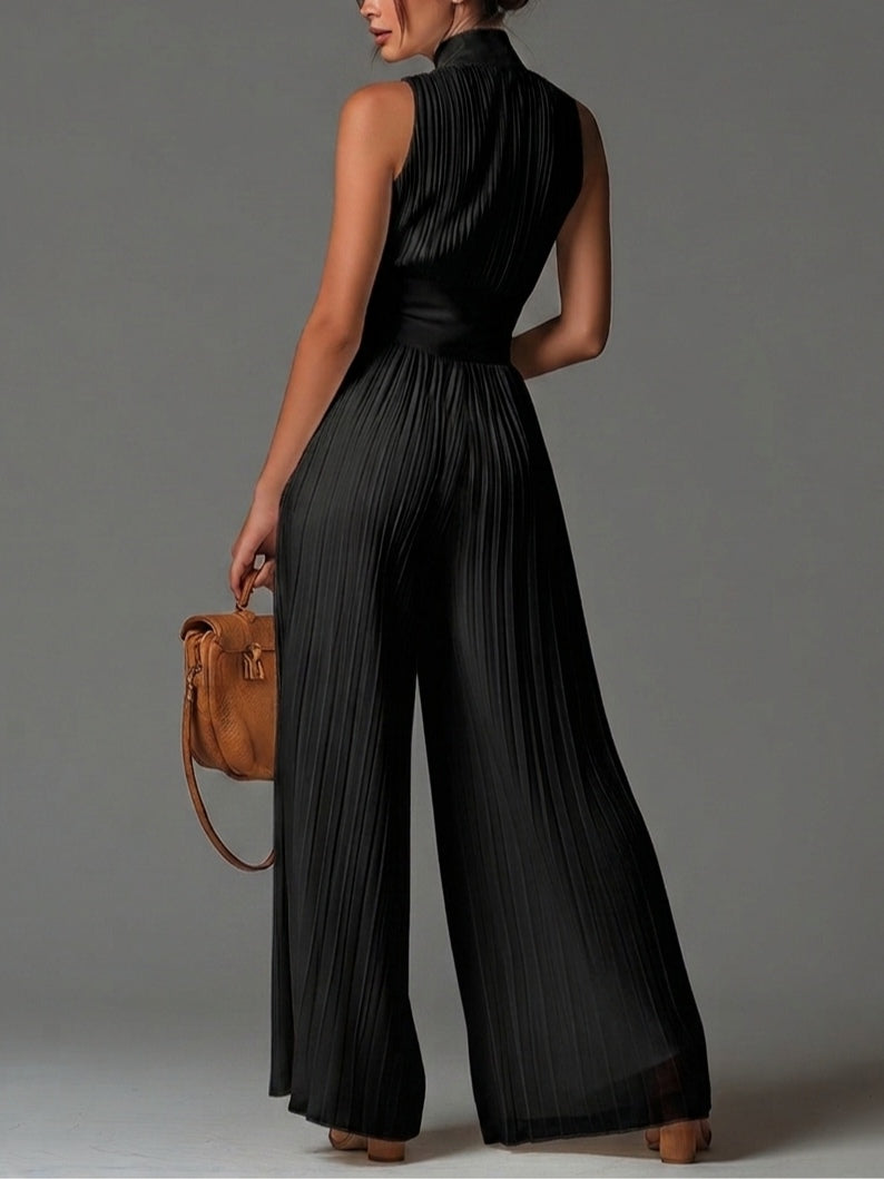 Effortless Black Jumpsuit for Women with Plunge Halter Neck Sleeveless Wide Leg Palazzo Style