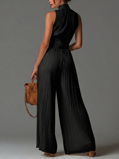 Effortless Black Jumpsuit for Women with Plunge Halter Neck Sleeveless Wide Leg Palazzo Style
