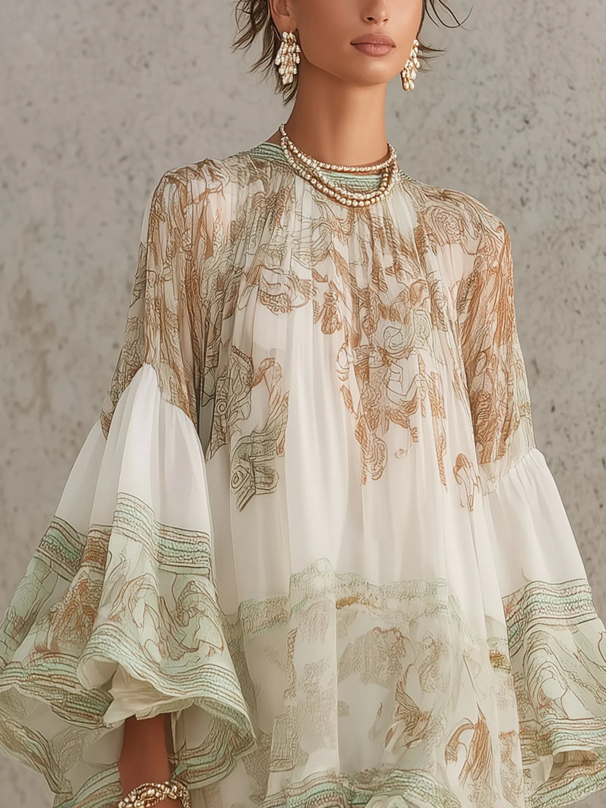 Effortless Green Print Mini Dress for Women with Mock Neck Bell Sleeve High Low Ruffle Bohemian Style