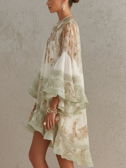 Effortless Green Print Mini Dress for Women with Mock Neck Bell Sleeve High Low Ruffle Bohemian Style