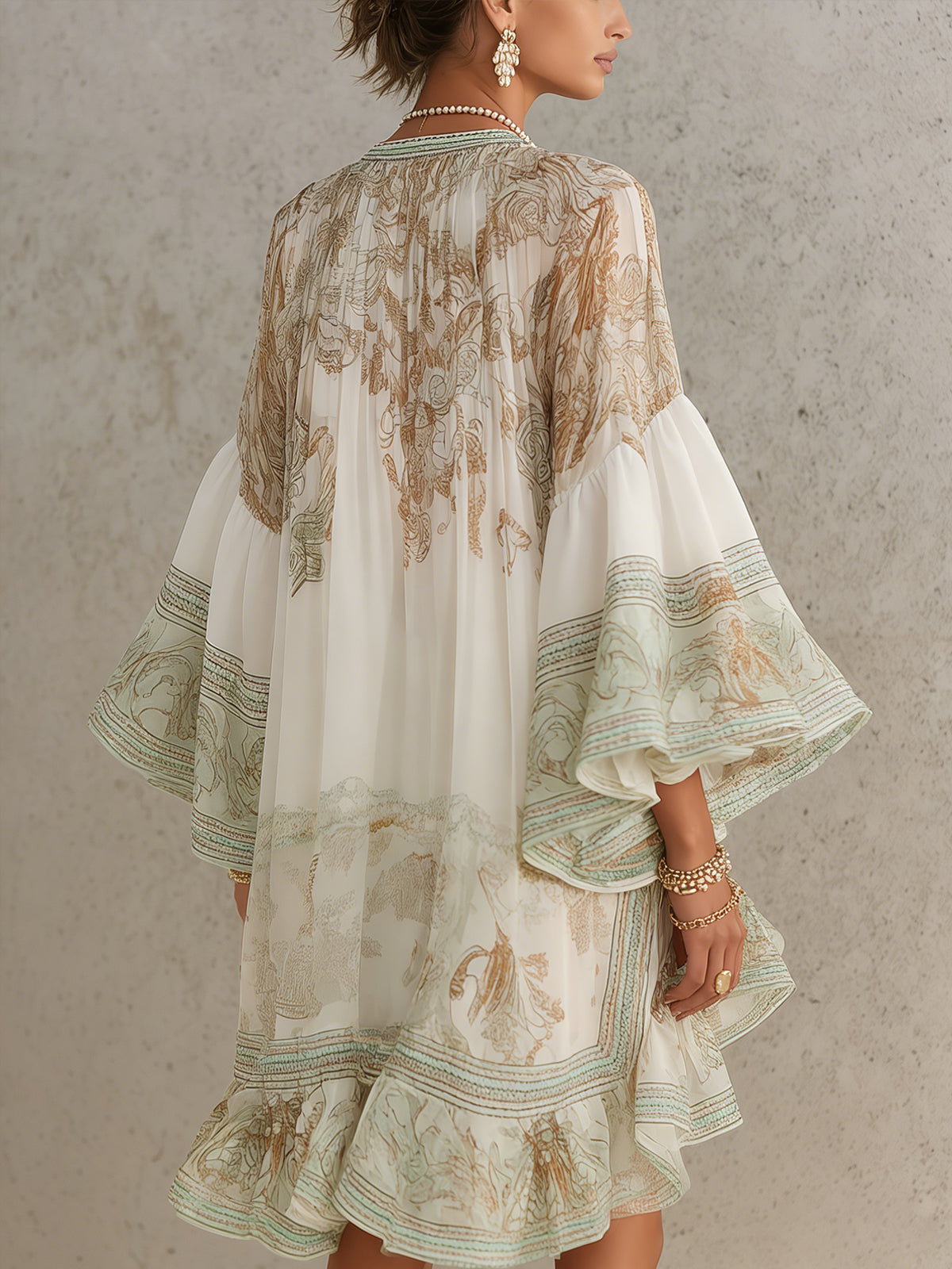 Effortless Green Print Mini Dress for Women with Mock Neck Bell Sleeve High Low Ruffle Bohemian Style