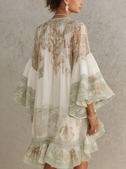 Effortless Green Print Mini Dress for Women with Mock Neck Bell Sleeve High Low Ruffle Bohemian Style