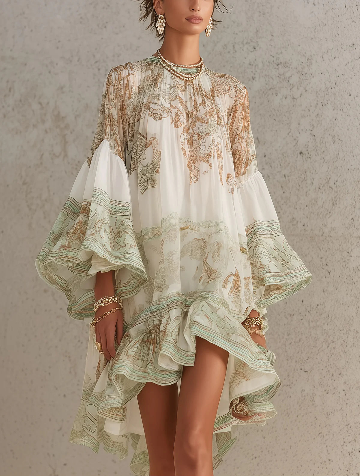 Effortless Green Print Mini Dress for Women with Mock Neck Bell Sleeve High Low Ruffle Bohemian Style