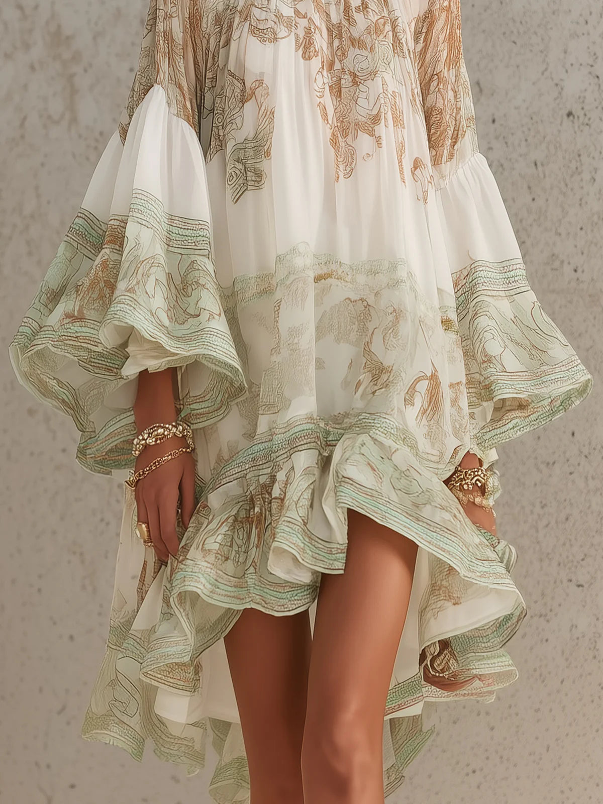 Effortless Green Print Mini Dress for Women with Mock Neck Bell Sleeve High Low Ruffle Bohemian Style