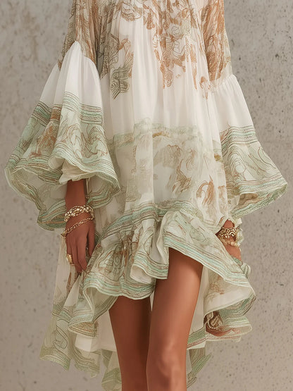 Effortless Green Print Mini Dress for Women with Mock Neck Bell Sleeve High Low Ruffle Bohemian Style