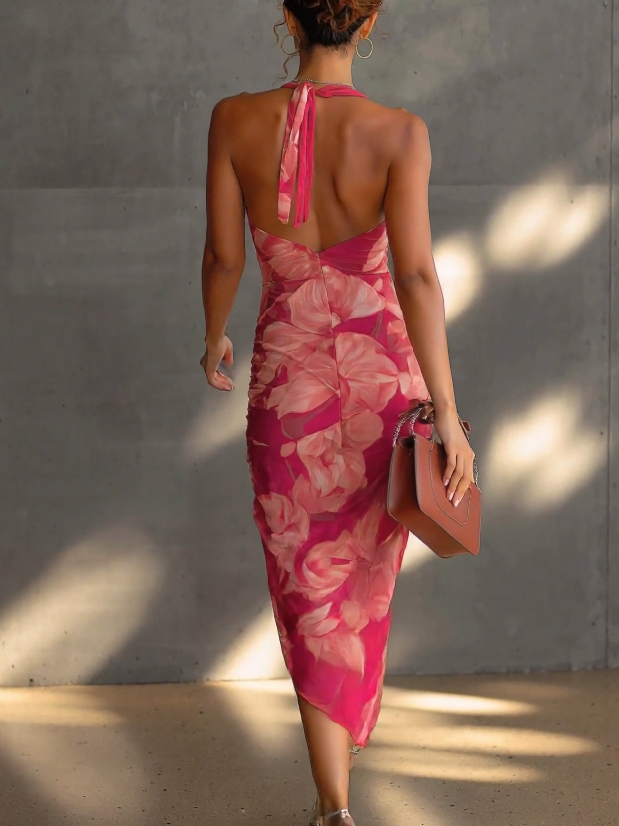 Stylish Fuchsia Floral Midi Dress for Women with Halter Neck Ruched Open Back Bodycon Formal Wedding Guest Style