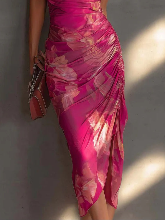 Stylish Fuchsia Floral Midi Dress for Women with Halter Neck Ruched Open Back Bodycon Formal Wedding Guest Style