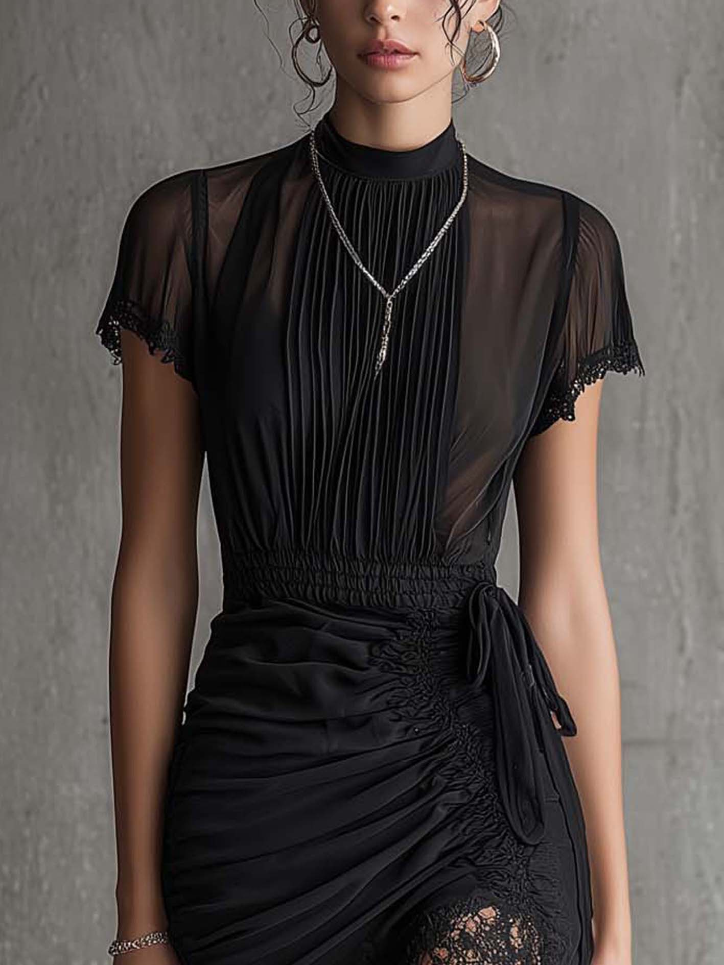 Stylish Black Mini Dress for Women with High Neck Short Sleeve Ruched Lace Hem Bodycon Style