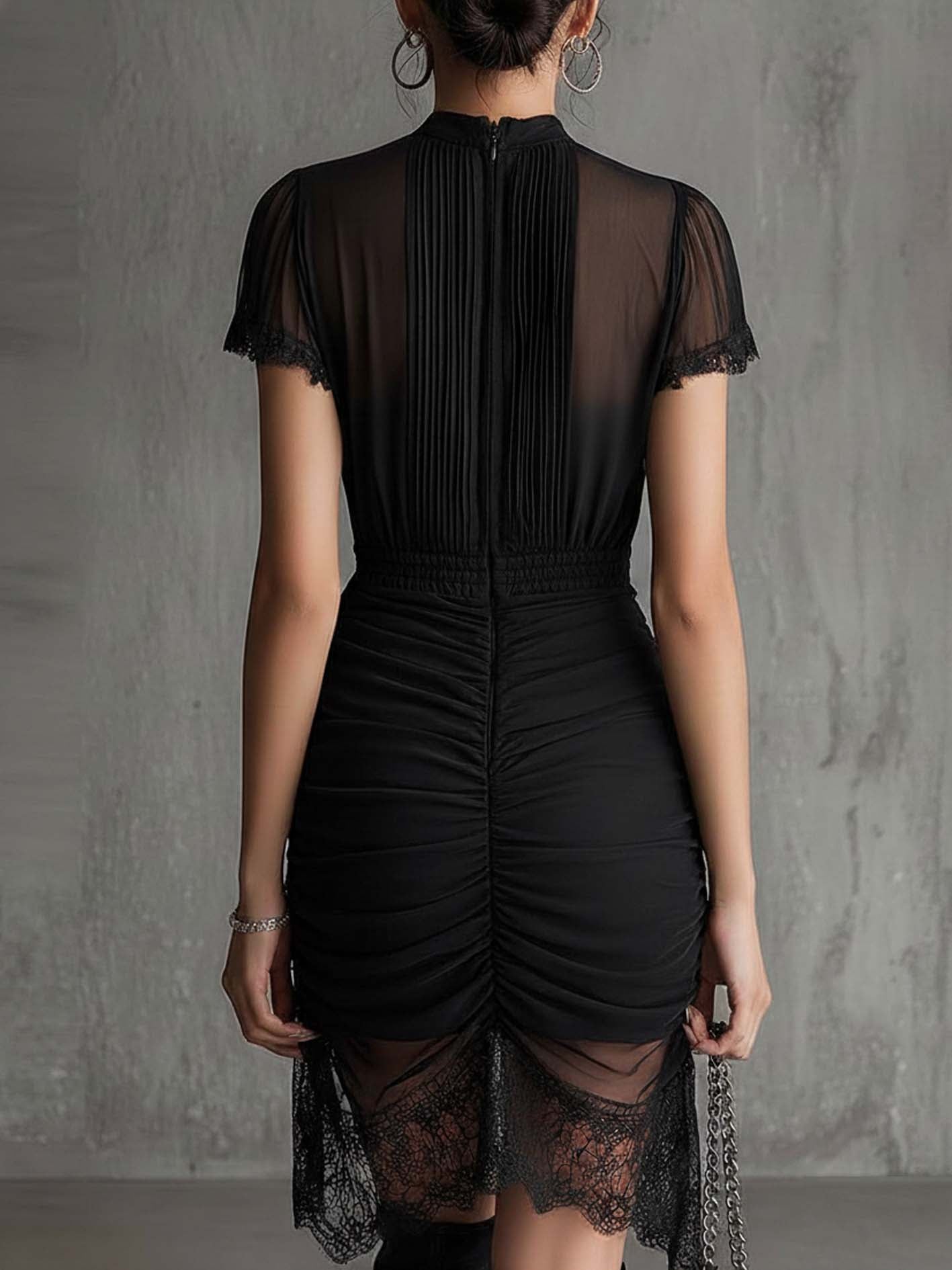 Stylish Black Mini Dress for Women with High Neck Short Sleeve Ruched Lace Hem Bodycon Style