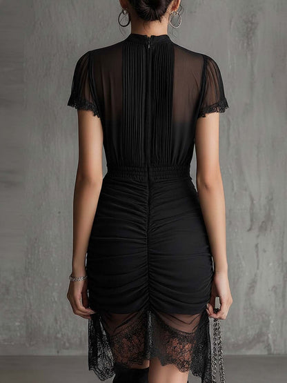 Stylish Black Mini Dress for Women with High Neck Short Sleeve Ruched Lace Hem Bodycon Style