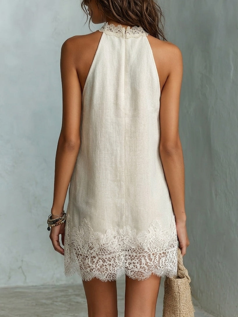 Elegant Off White Linen Mini Dress for Women with Halter Neck Lace Trim Scalloped Hem Bohemian Style