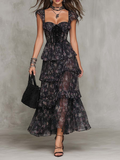 Elegant Black Floral Corset Maxi Dress for Women with Strapless Sweetheart Neck Tiered Ruffle Formal Wedding Guest Style