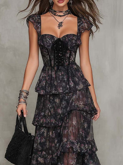 Elegant Black Floral Corset Maxi Dress for Women with Strapless Sweetheart Neck Tiered Ruffle Formal Wedding Guest Style