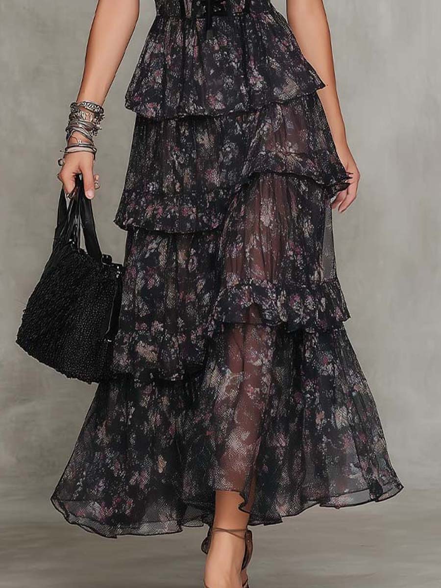 Elegant Black Floral Corset Maxi Dress for Women with Strapless Sweetheart Neck Tiered Ruffle Formal Wedding Guest Style