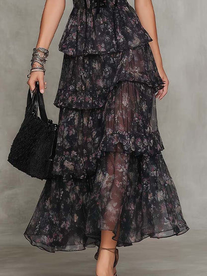 Elegant Black Floral Corset Maxi Dress for Women with Strapless Sweetheart Neck Tiered Ruffle Formal Wedding Guest Style