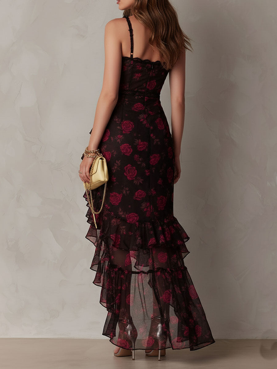 Elegant Black Floral Maxi Dress for Women with Sweetheart Neckline Sleeveless Ruffle High Slit Mermaid Style
