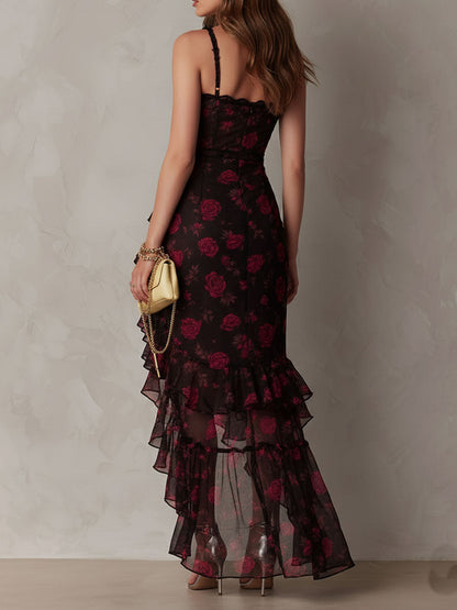 Elegant Black Floral Maxi Dress for Women with Sweetheart Neckline Sleeveless Ruffle High Slit Mermaid Style