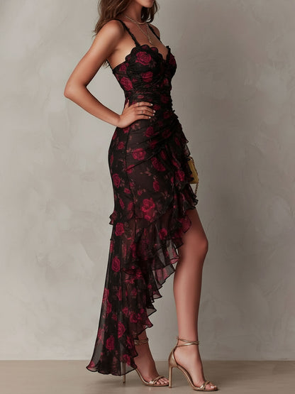 Elegant Black Floral Maxi Dress for Women with Sweetheart Neckline Sleeveless Ruffle High Slit Mermaid Style