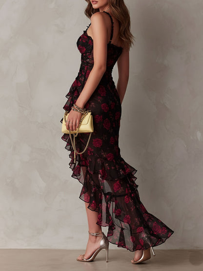Elegant Black Floral Maxi Dress for Women with Sweetheart Neckline Sleeveless Ruffle High Slit Mermaid Style