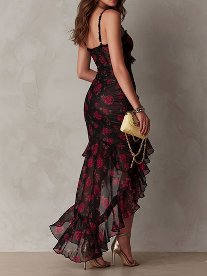 Elegant Black Floral Maxi Dress for Women with Sweetheart Neckline Sleeveless Ruffle High Slit Mermaid Style