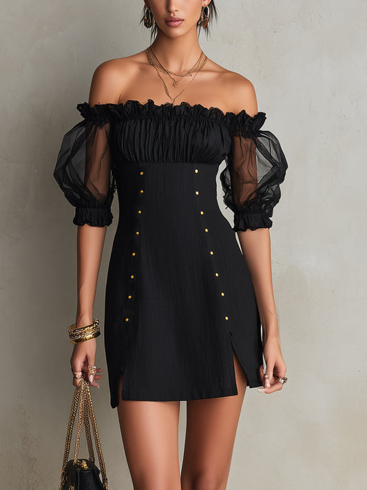 Stylish Black Mini Dress for Women with Off Shoulder Ruffle Neck Puff Sleeve Button Front Style