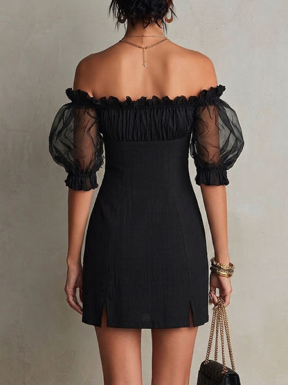 Stylish Black Mini Dress for Women with Off Shoulder Ruffle Neck Puff Sleeve Button Front Style