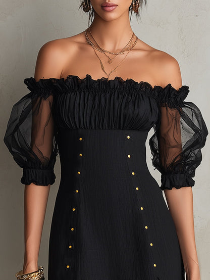 Stylish Black Mini Dress for Women with Off Shoulder Ruffle Neck Puff Sleeve Button Front Style